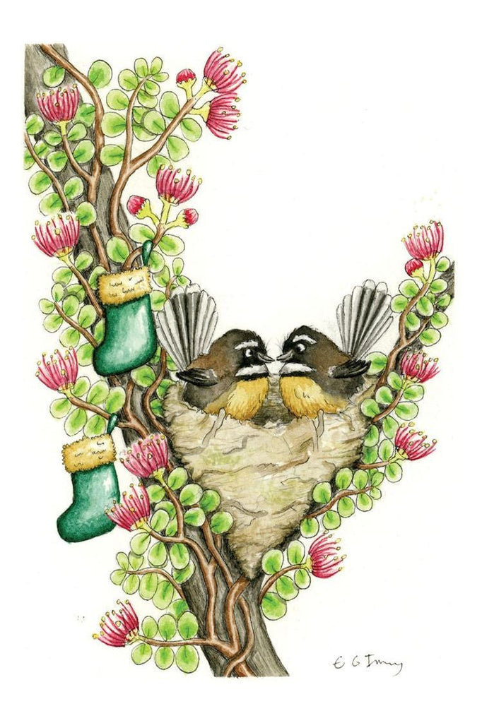 Greeting Card | Fantails In Stockings and Carmine Rata Christmas Greeting Cards Emily Kelly