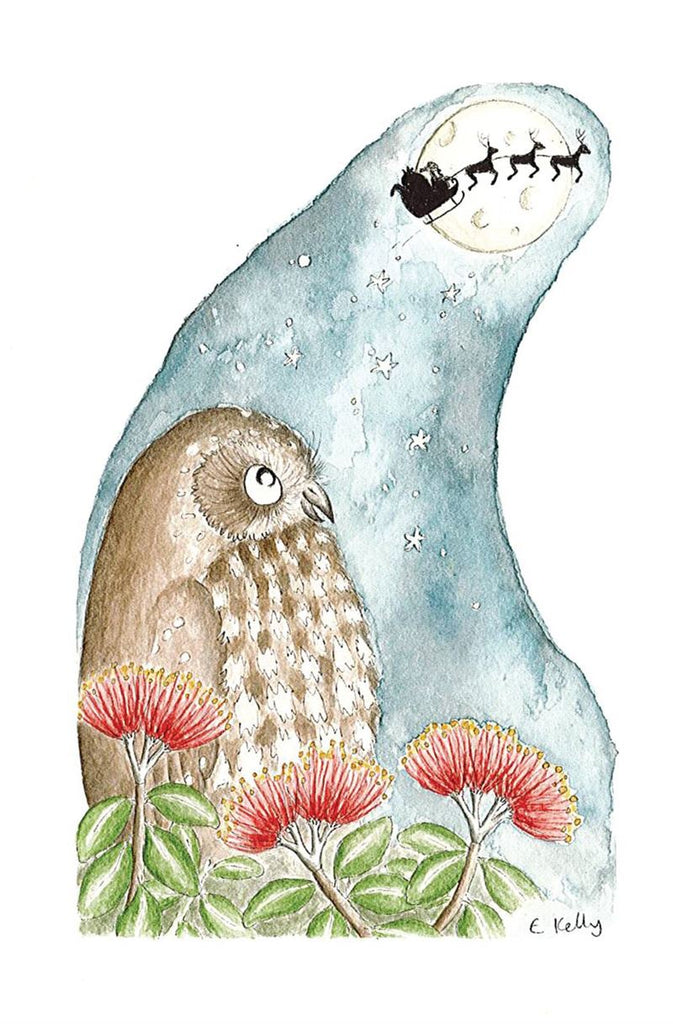 Greeting Card | Morepork, Pohutukawa & Santa's Sleigh Christmas Greeting Cards Emily Kelly