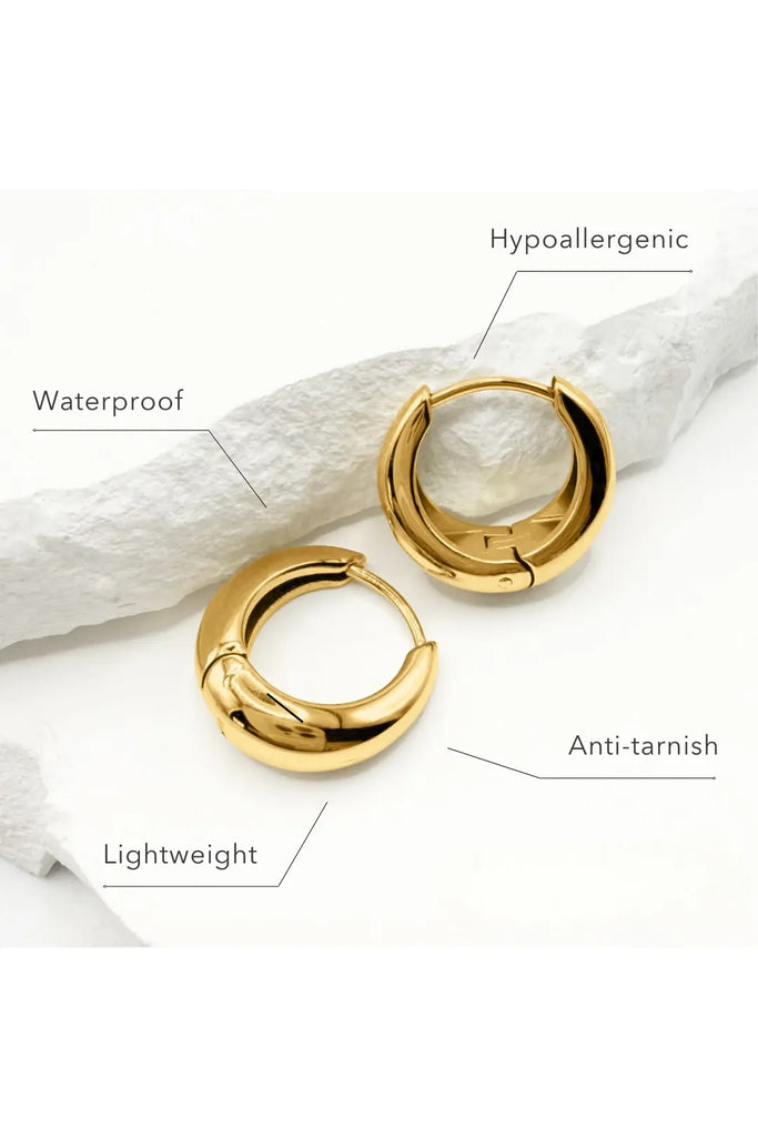Gold hoop earrings on a white background with text labels indicating features.