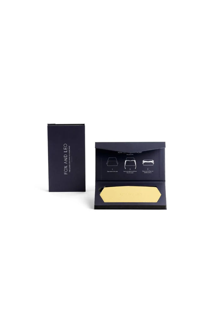 Fox and Leo packaging with a yellow glasses case on a white background