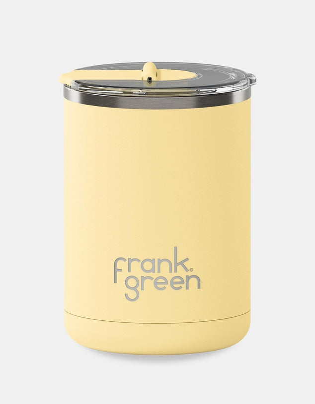 Frank Green  12oz Stainless Steel Ceramic Cup with Hinged Lid in Buttermilk. Crisp Home & Wear.