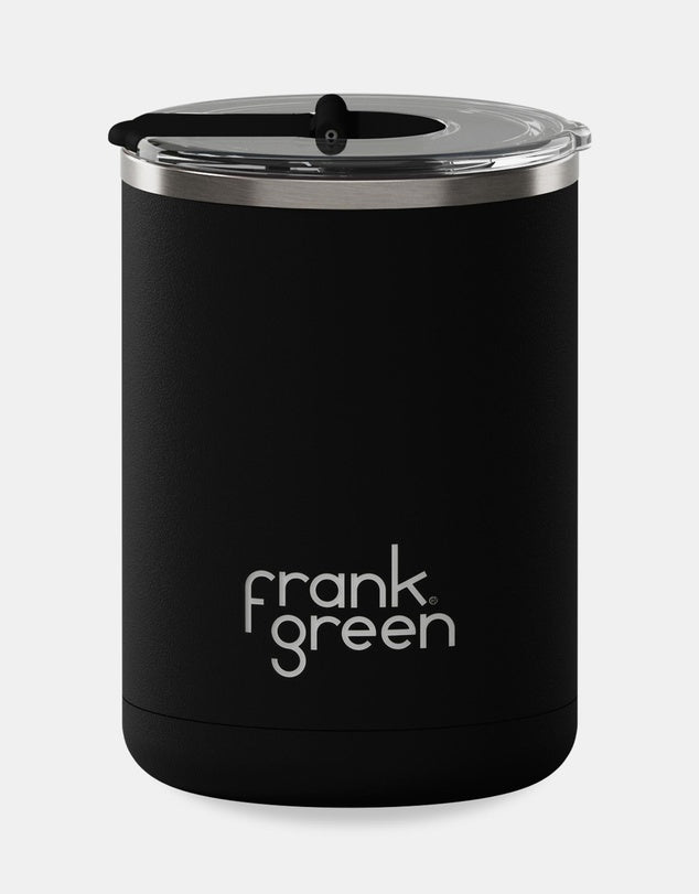 Frank Green 12oz Stainless Steel Ceramic Cup with Hinged Lid in Midnight Black. Available from Crisp Home + Wear