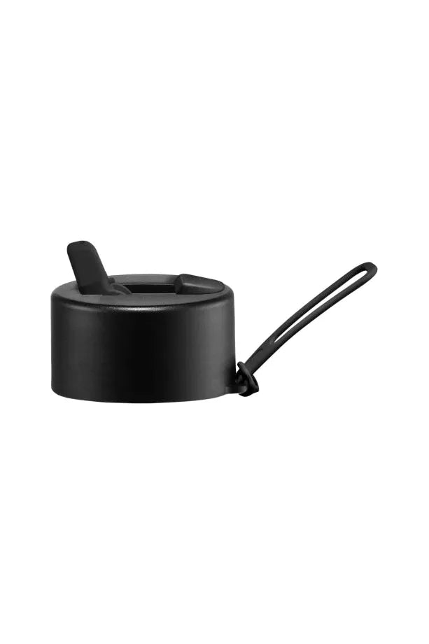 Frank Green Flip Lid Hull in Midnight Black Side Profile showing sipper standing upright and button to flip that flips the sipper up