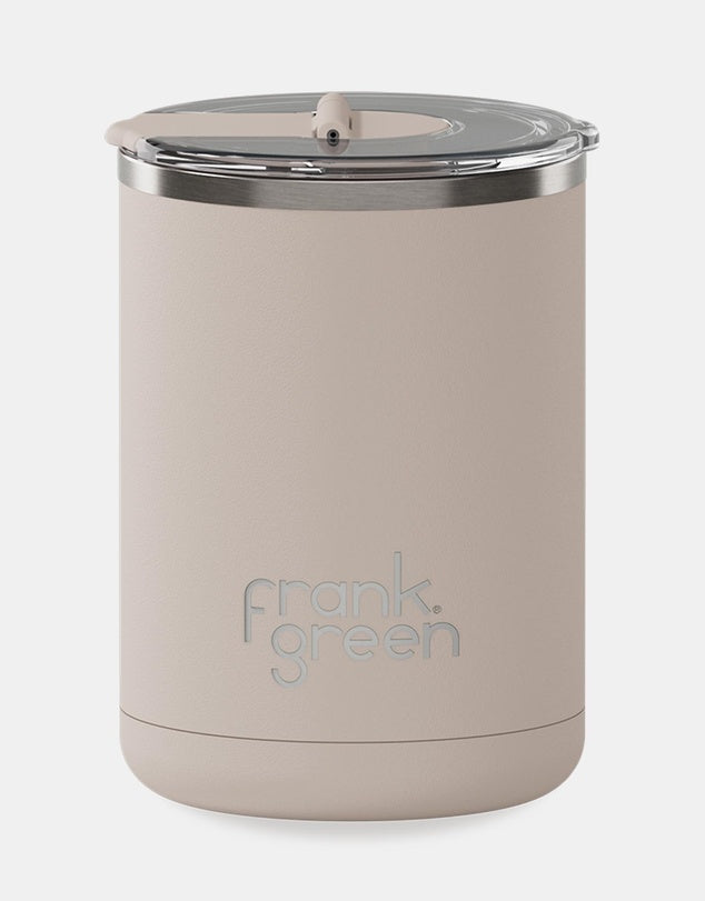 Frank Green Stainless Steel Ceramic Cup with Hinged Lid in Moon Dust. Available from Crisp Home & Wear.