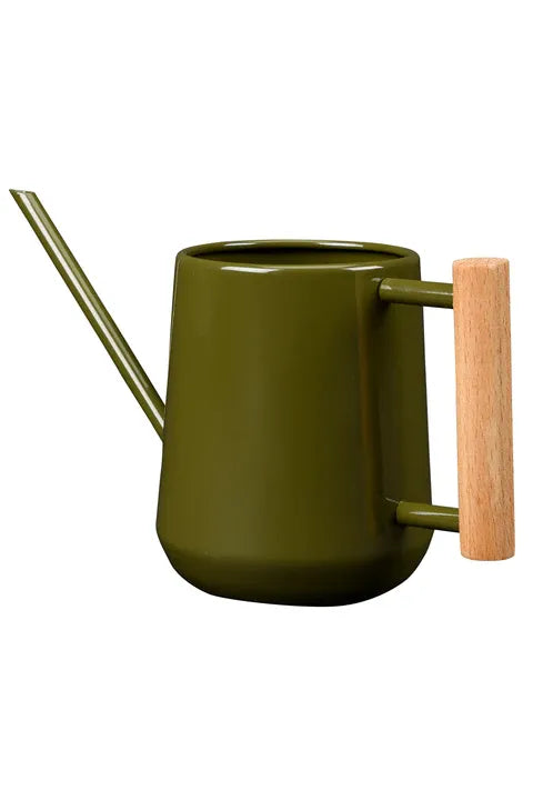 Burgon & Ball Olive Green Collector Indoor Watering Can with a Wooden Handle on a white background