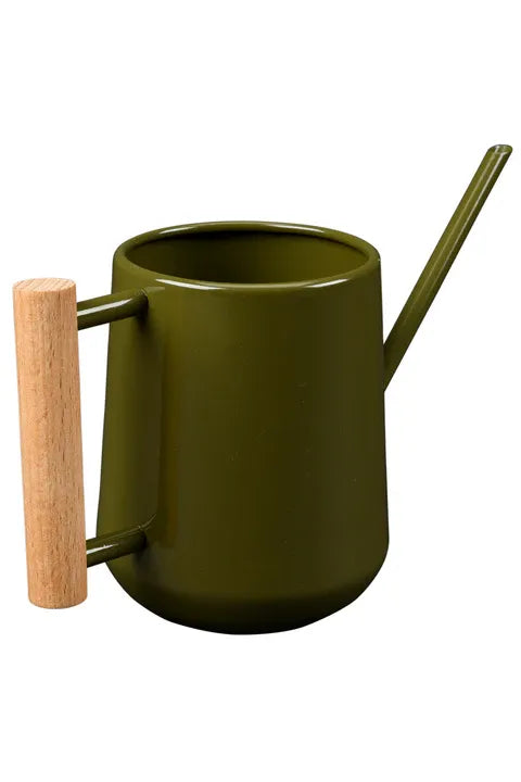 Burgon & Ball Olive Green Collector Indoor Watering Can with a Wooden Handleon a white background
