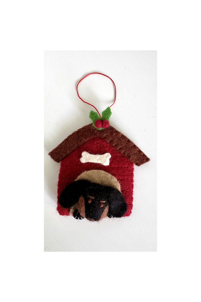 Pashom Hanging Decorative Christmas ornament featuring a doghouse with a Dashund dog inside on a white background.