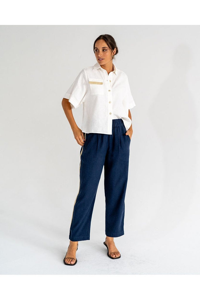 Arlington Milne Isabel Linen Shirt in White with the Leah tapered Trouser Navy