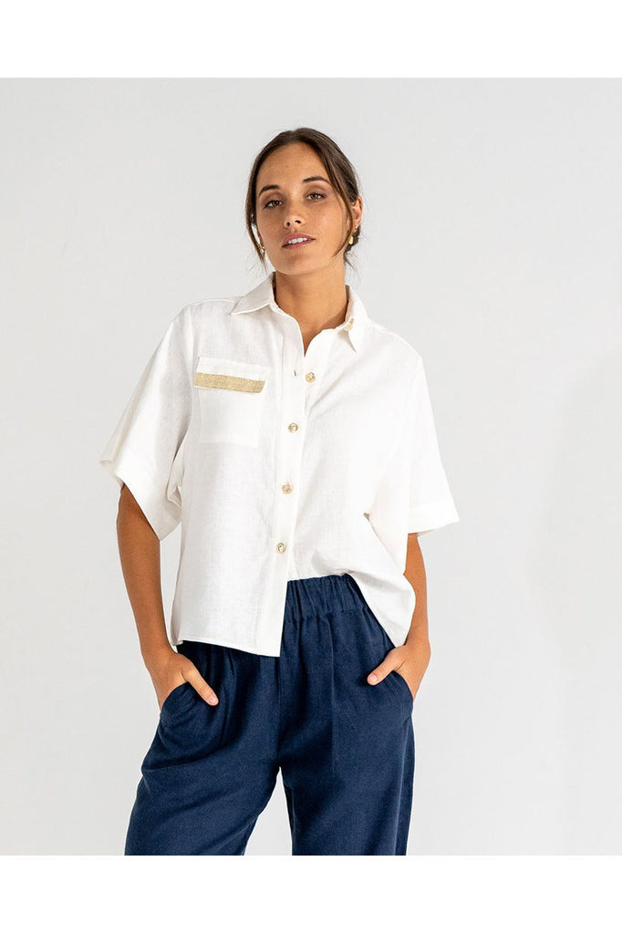 Arlington Milne Isabel Linen Shirt in White with the Leah tapered Trouser Navy