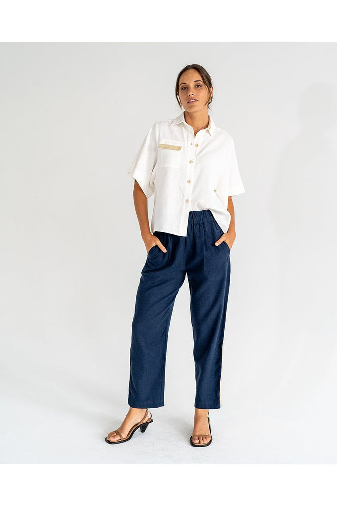 Arlington Milne Isabel Linen Shirt in White with the Leah tapered Trouser Navy