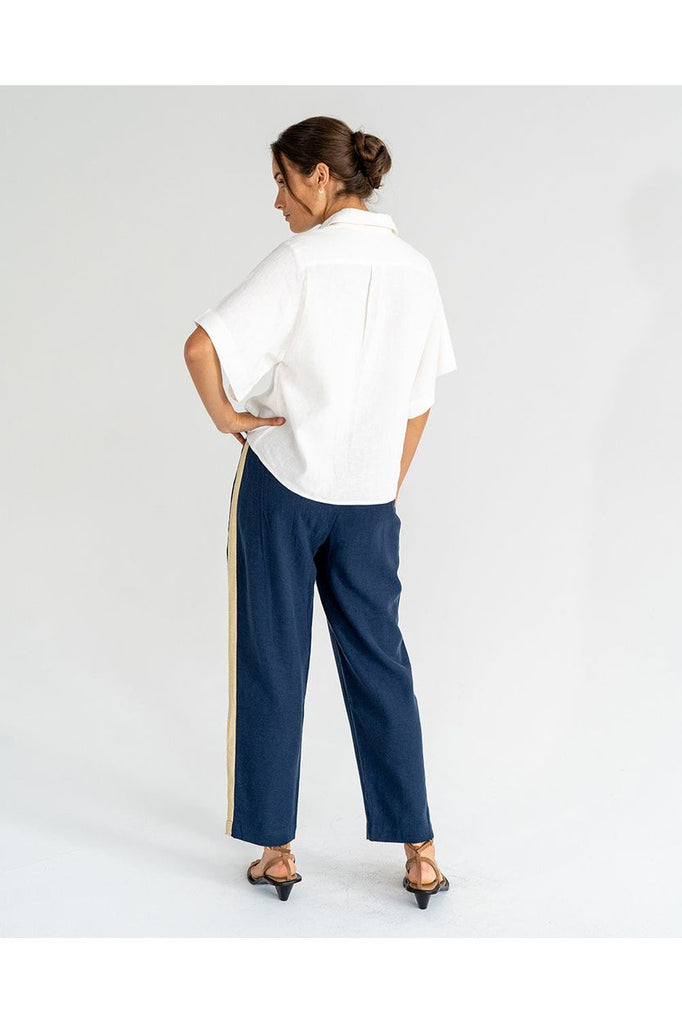 Arlington Milne Isabel Linen Shirt in White with the Leah tapered Trouser Navy