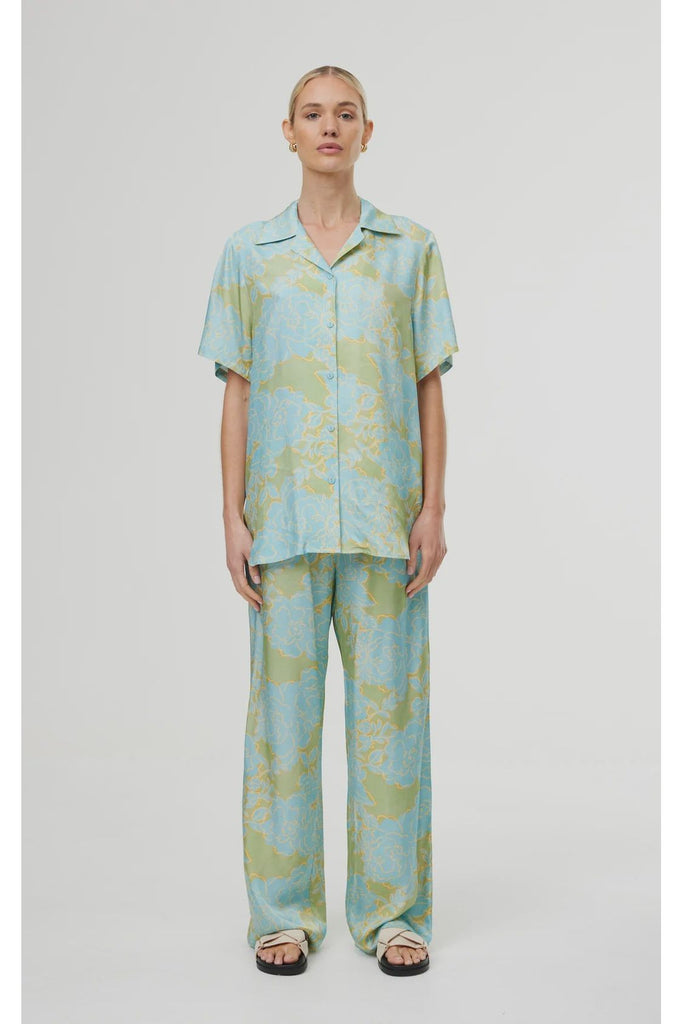 Kinney Luisa Pant Ocean Bloom worn with matching Luisa Shirt 100% Viscose