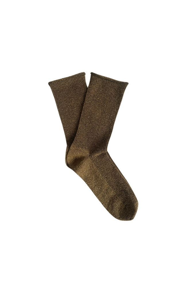 Pair of Klue Caramel brown glitter socks on a white background