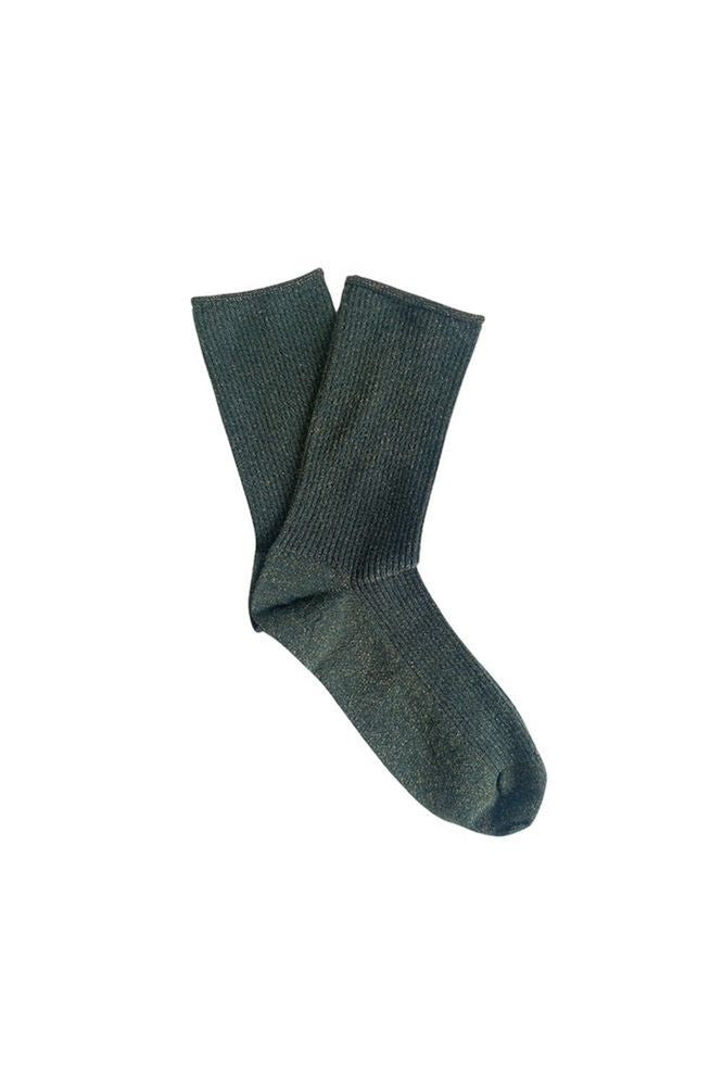 Pair of dark green glitter socks on a white background
