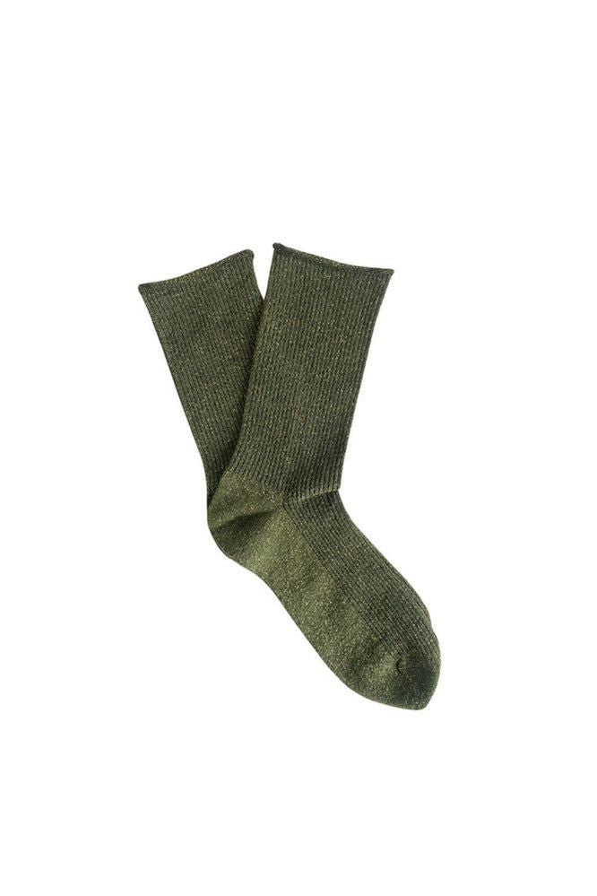 Klue Khaki Green Glitter lurex sock on a white background
