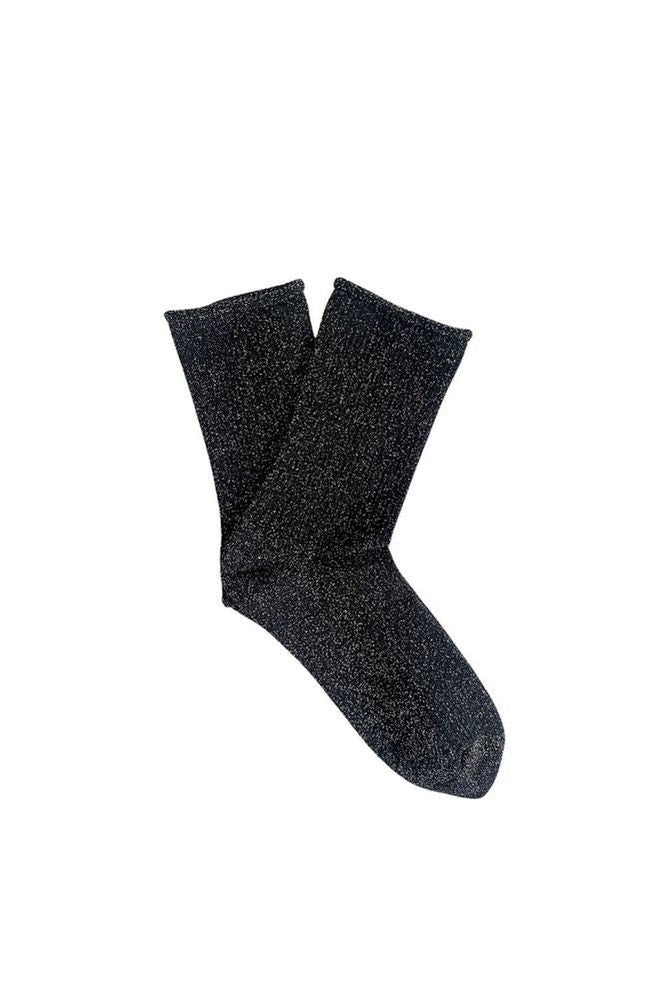 Pair of black glitter socks on a white background