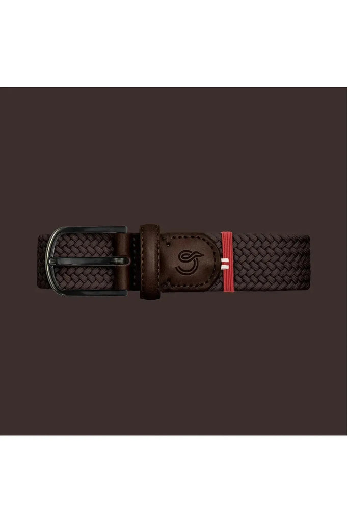 La Boucle Brown braided belt with a black buckle on a dark background