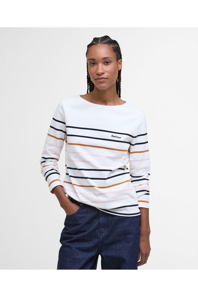 Person wearing a striped sweater with 'Barbour' branding on a plain background. Barbour Hawkins Top in Cloud Stripe.