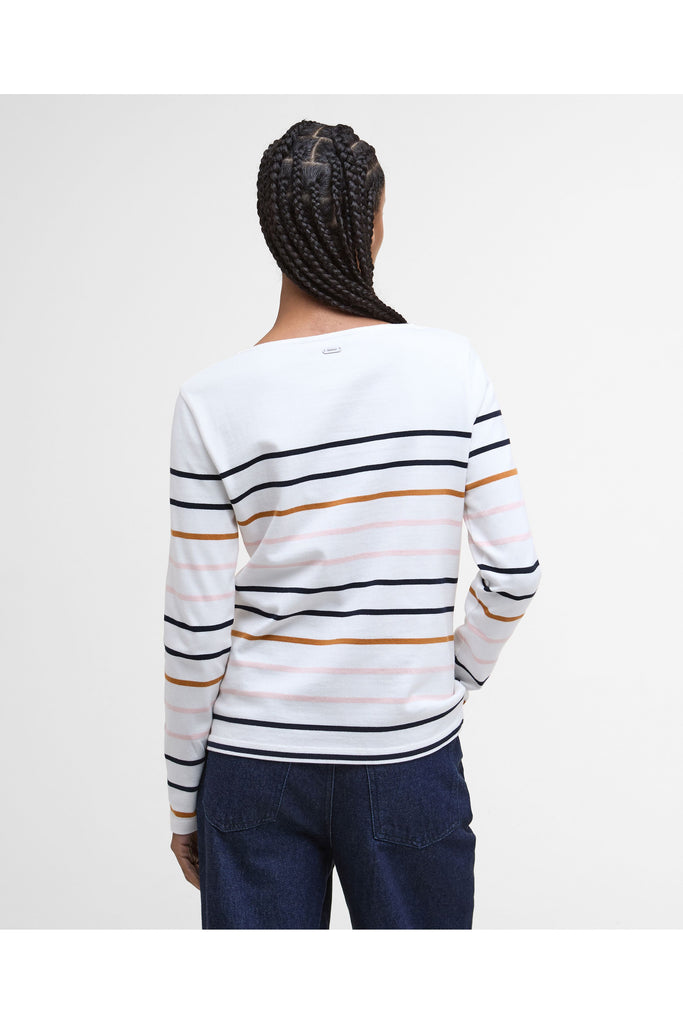 Person wearing a striped sweater with 'Barbour' branding on a plain background. Barbour Hawkins Top in Cloud Stripe.