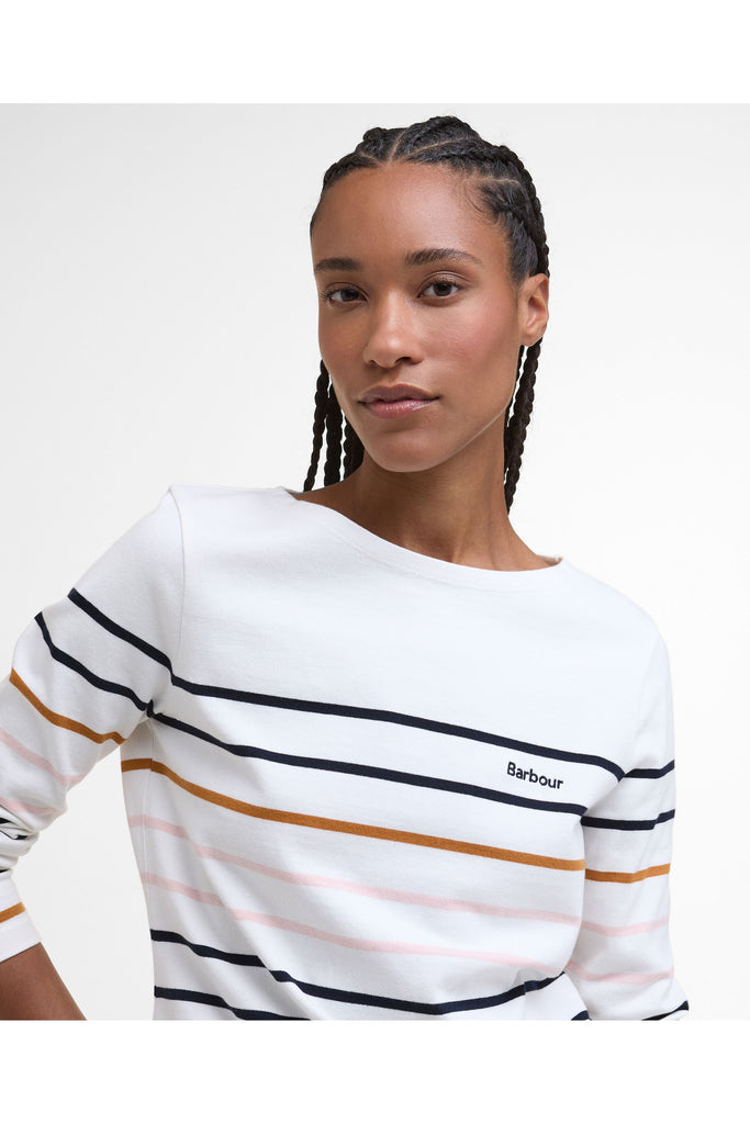 Person wearing a striped sweater with 'Barbour' branding on a plain background. Barbour Hawkins Top in Cloud Stripe.