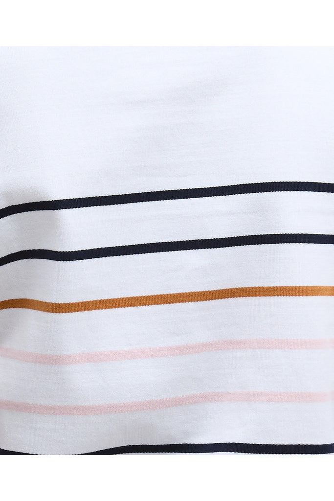 Person wearing a striped sweater with 'Barbour' branding on a plain background. Barbour Hawkins Top in Cloud Stripe.