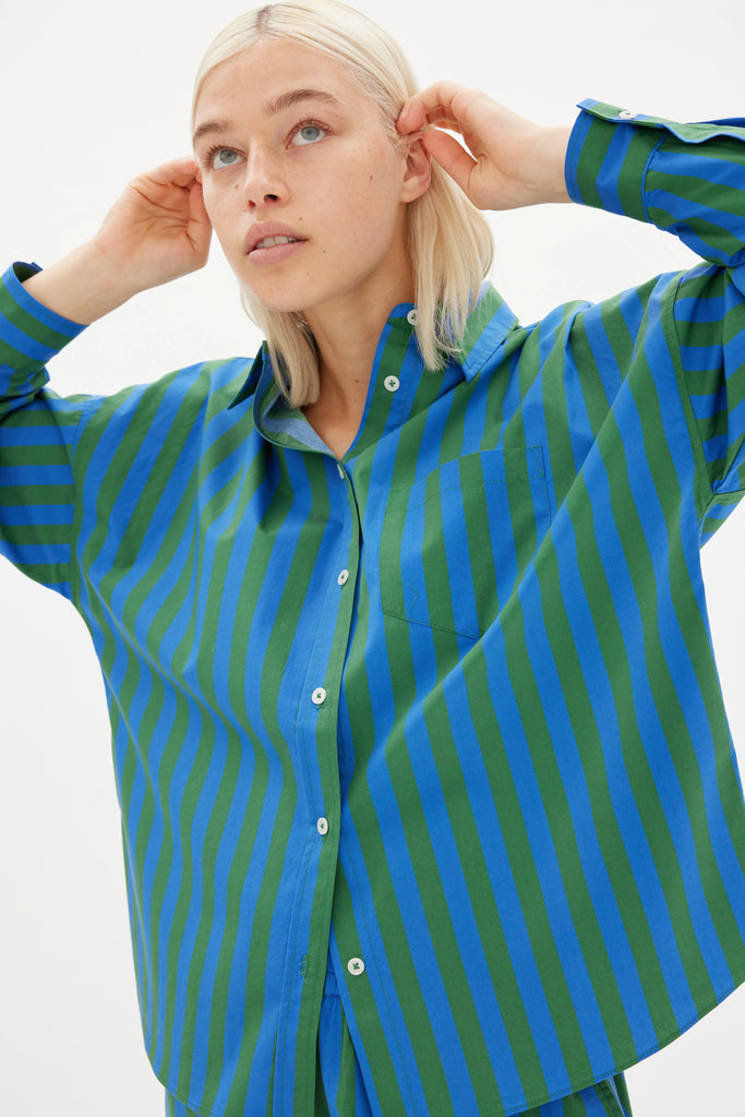 LMND Chiara Cotton Shirt Dusk Blue and Forest Green model view front