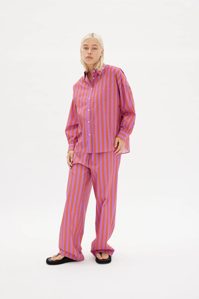 LMND Chiara Cotton Shirt Fuschia Pink and Rust Model Front view