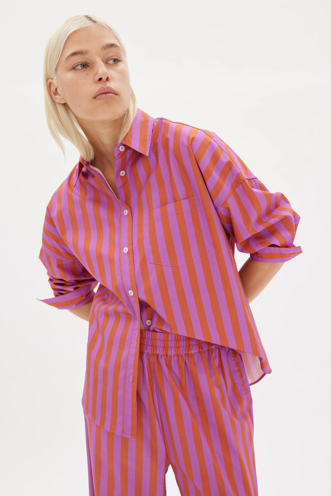 LMND Chiara Cotton Shirt Fuschia Pink and Rust Model Front view