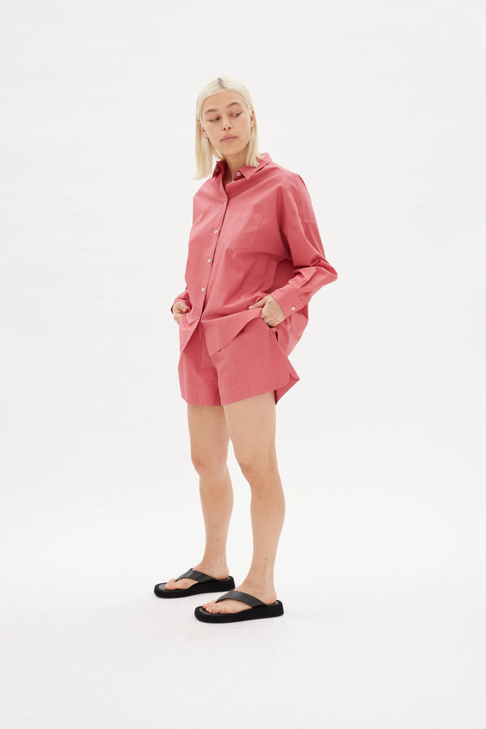 LMND Chiara Classic Shirt Sunset Coral Cotton front model view