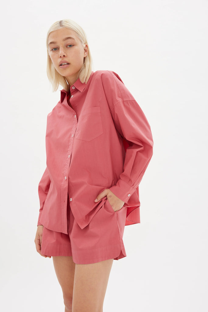 LMND Chiara Classic Shirt Sunset Coral Cotton front model view