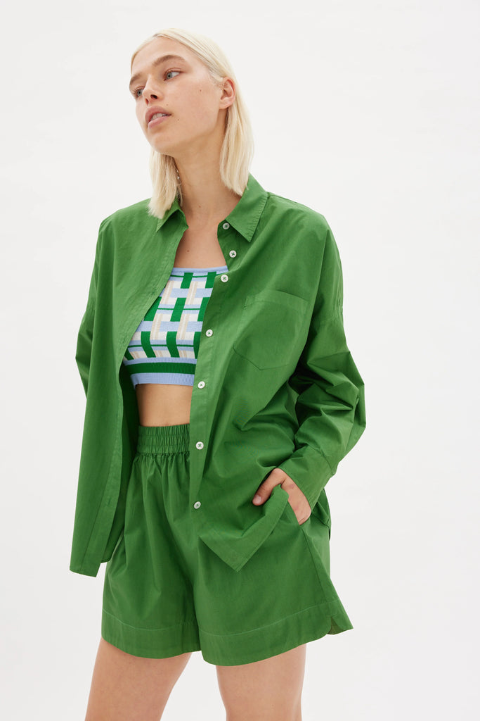 LMND Chiara Shirt Forest Green Cotton on model front open  view