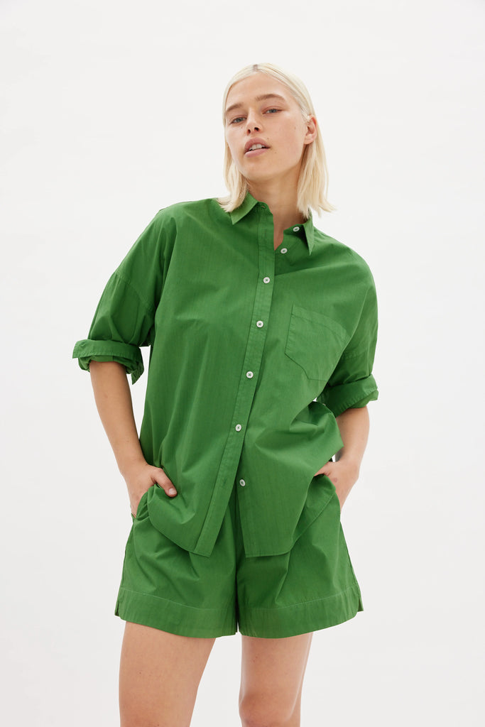 LMND Chiara Shirt Forest Green Cotton on model front view