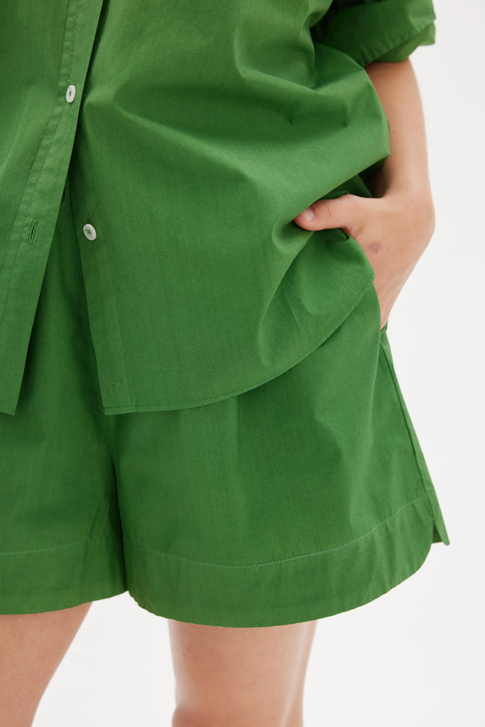 LMND Chiara Shirt Forest Green Cotton on model bottom view