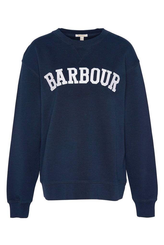 Person wearing a navy Barbour sweatshirt with a white collar on a light gray background. Northumberland Sweatshirt in Navy and Cloud.