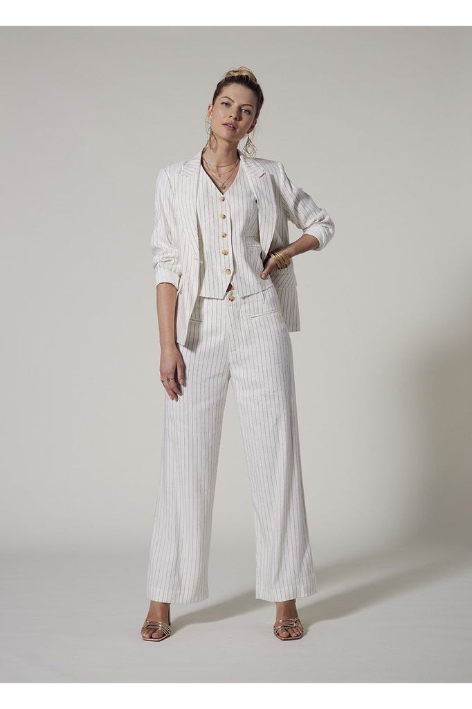 Loobies Story Revelry Blazer Off White Stripe worn with matching vest and pant