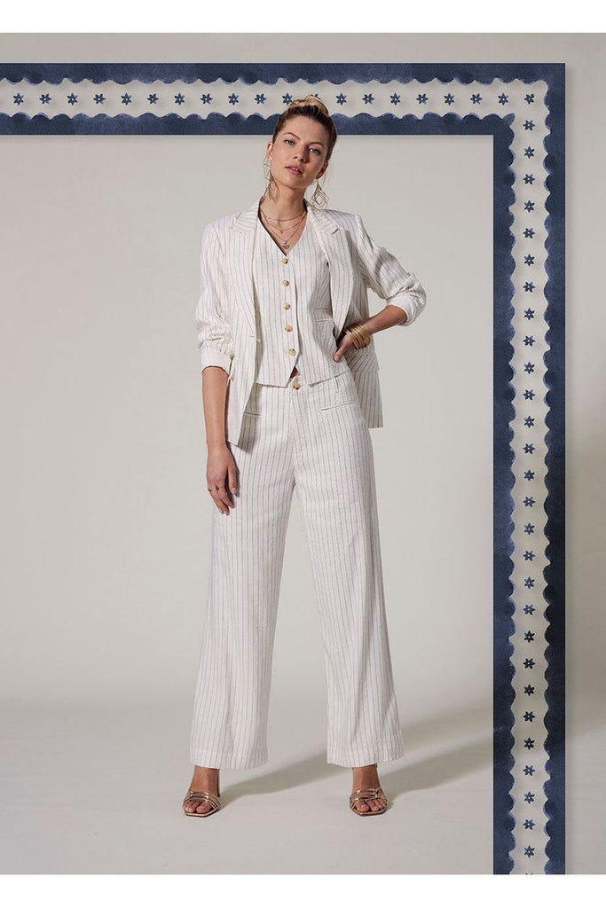 Loobies Story Revelry Blazer Off White Stripe worn with matching vest and pant