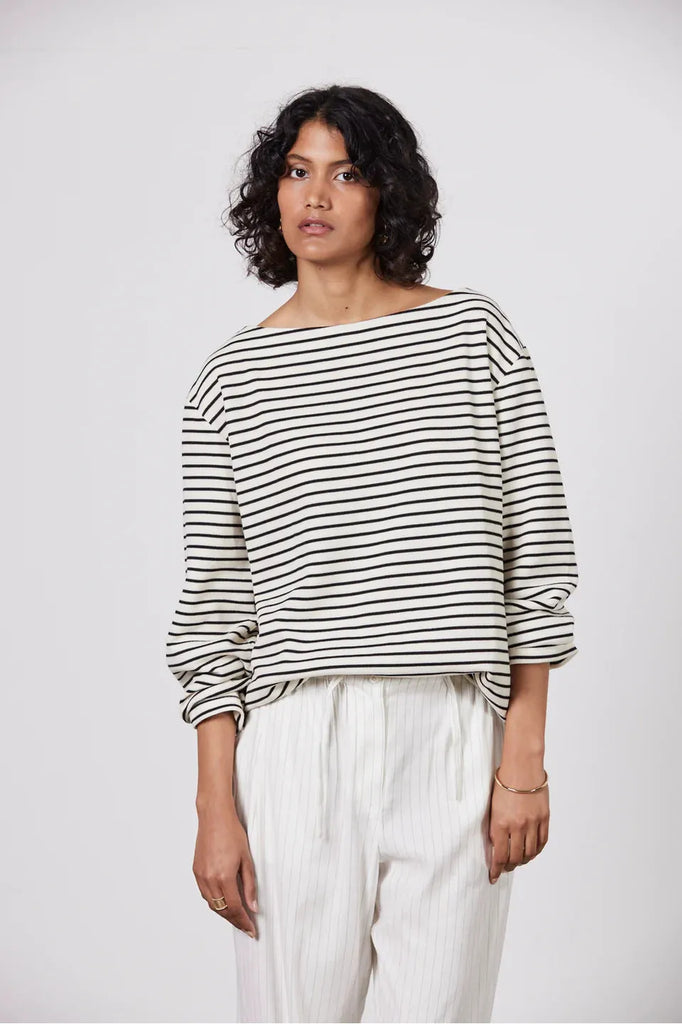 Laing Pablo Boat Neck Black and Ecru Stripe Sweatshirt