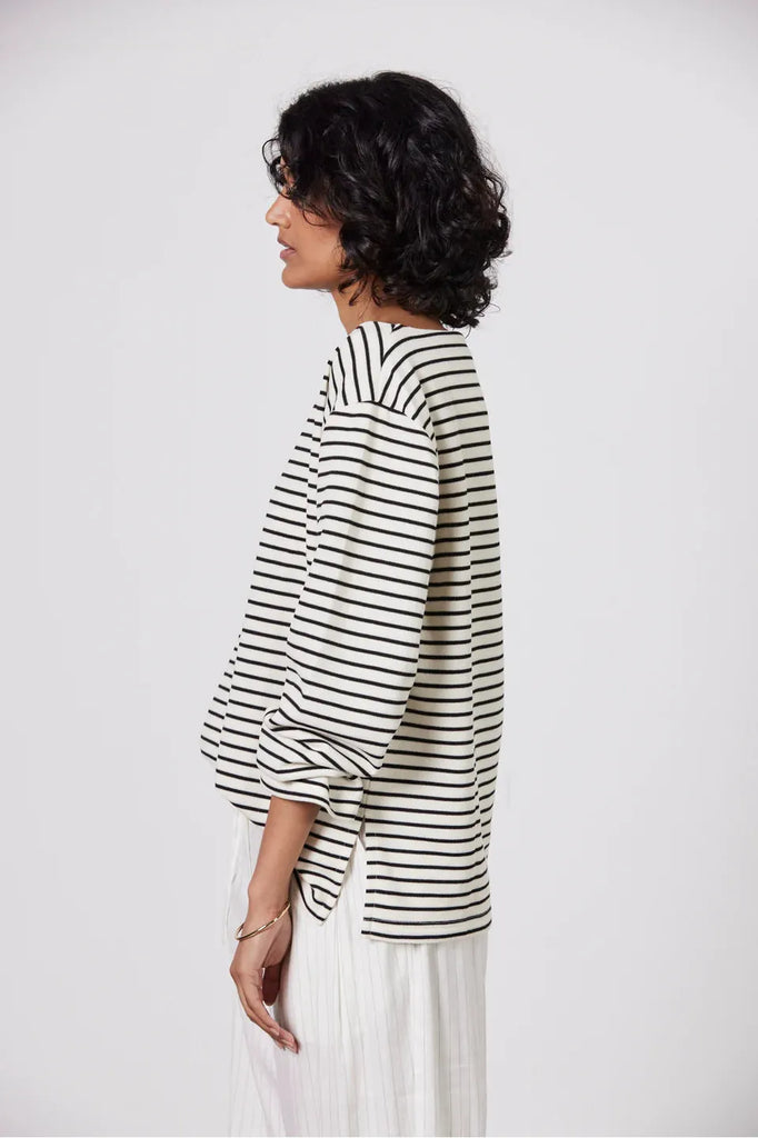 Laing Pablo Boat Neck Black and Ecru Stripe Sweatshirt