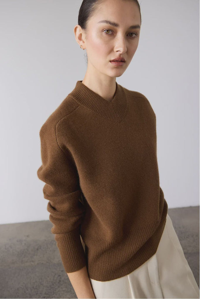 Laing High V Neck Sweater Chestnut Brown