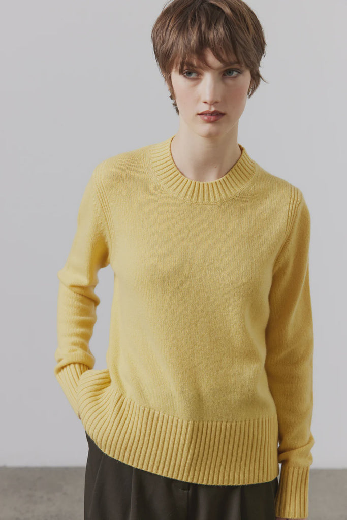 Laing Chunky Cashmere Crew Neck Sweater Winter Yellow on model front view