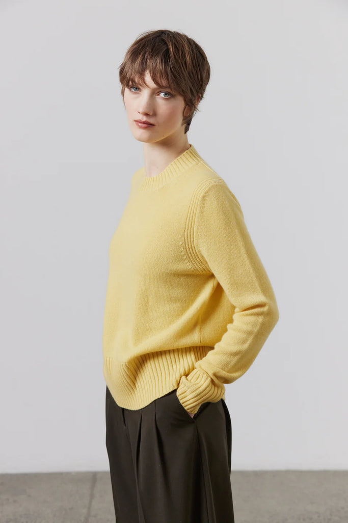 Laing Chunky Cashmere Crew Neck Sweater Winter Yellow on model side view