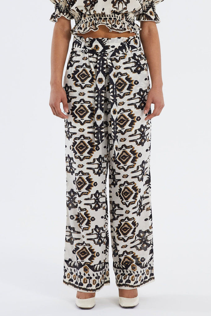 Lollys Laundry Vicky Pants, Cotton Aztec Print White, Black and Brown.