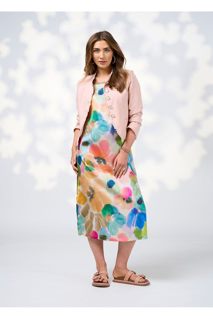 Multi Coloured Free Spirit Midi Dress from Loobie's Story with pale pink jacket