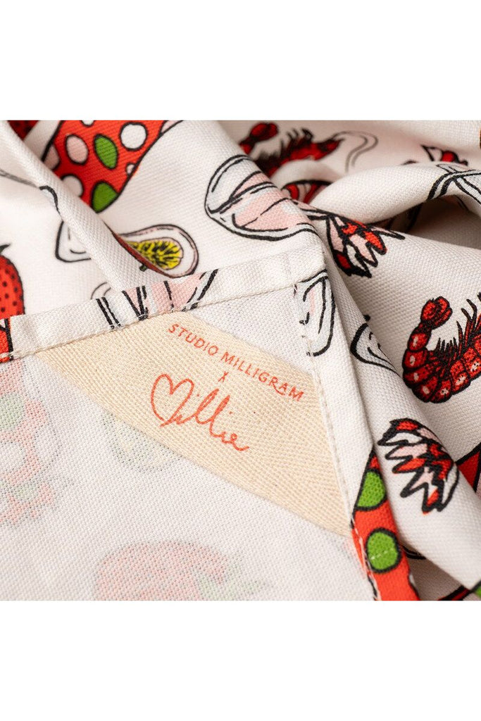 Studio Milligram x Billie Justice Thompson Collaboration. Lobster cotton/linen Tea Towel.   Fabric with colourful patterns and a visible signature label on a white background.