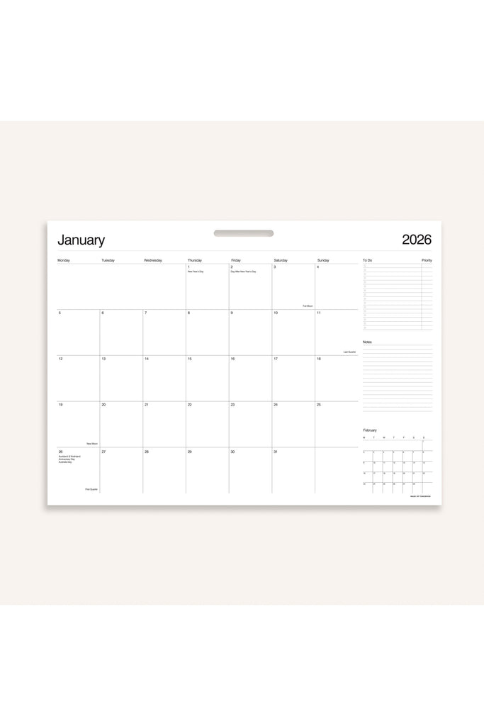 Made of Tomorrow 2026 Monthly Wall Planner.  Image shows the first sheet January 2026.
