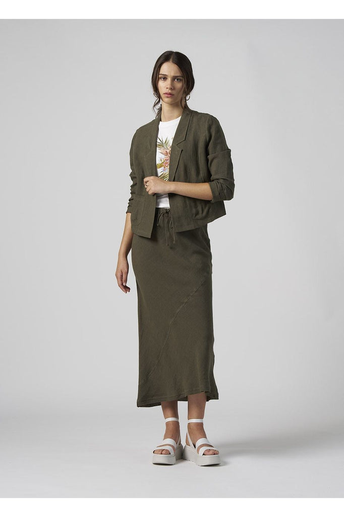 Madly Sweetly Echo jacket Khaki worn with Echo Skirt Khaki and Sweet tee White Palm