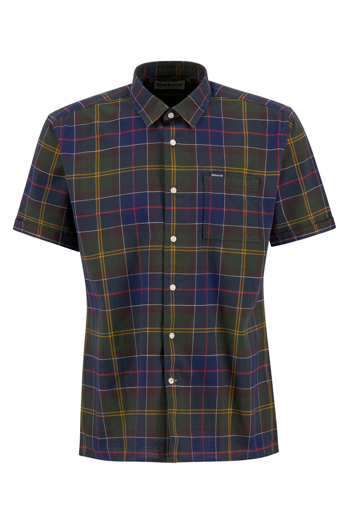 Man wearing a plaid shirt and beige pants on a white background. Barbour Gordon Summer Shirt in Classic Tartan.