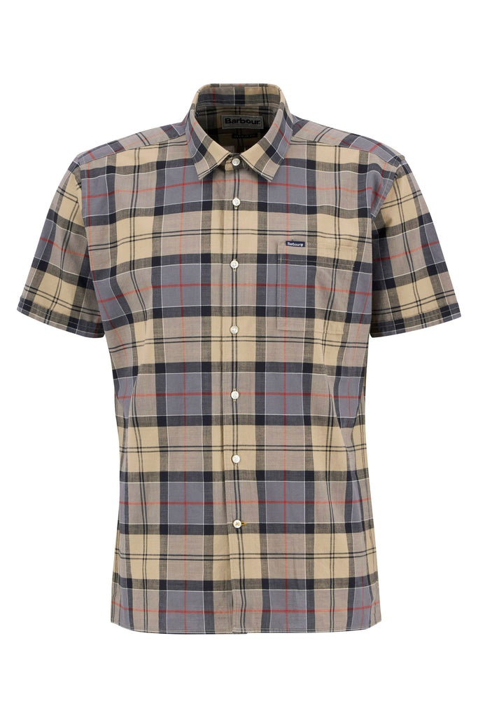 Man wearing a plaid short-sleeve shirt on a plain background. Barbour Gordon Summer Shirt in Dress Tartan.