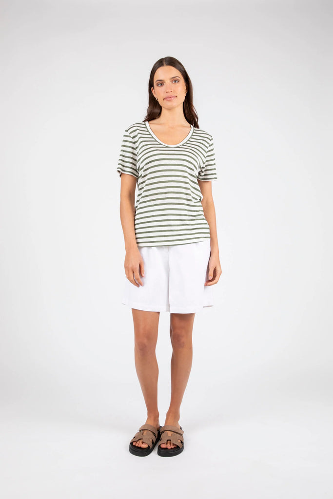 Marlow Athens Stripe Tee Pistachio Stripe and White worn with white shorts