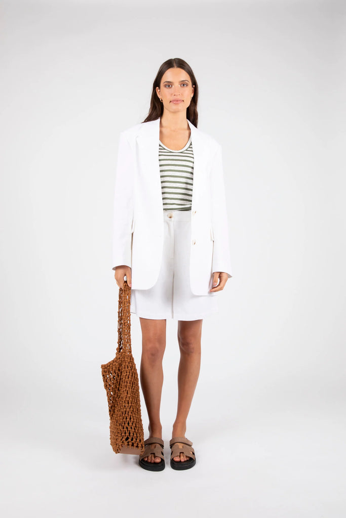 Marlow Athens Stripe Tee Pistachio Stripe and White worn with white shorts and white blazer